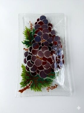 Peggy Karr Fused Art Glass Grape Tray Signed 1990s Purple Burgundy Green 6x11